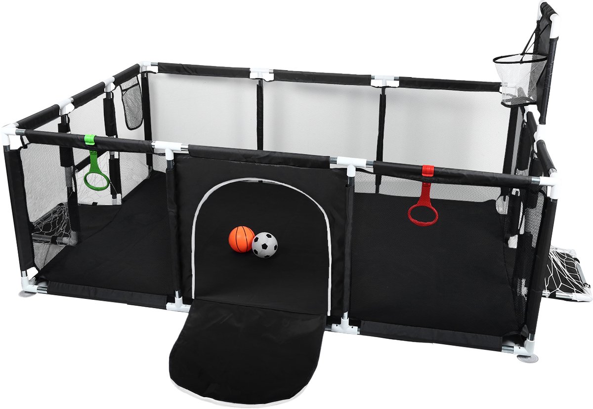 PIPIPOXER-Grondbox - Baby Speelbox met voetbal en basketbal - Antislip bodem -180*120 cm-Zwart