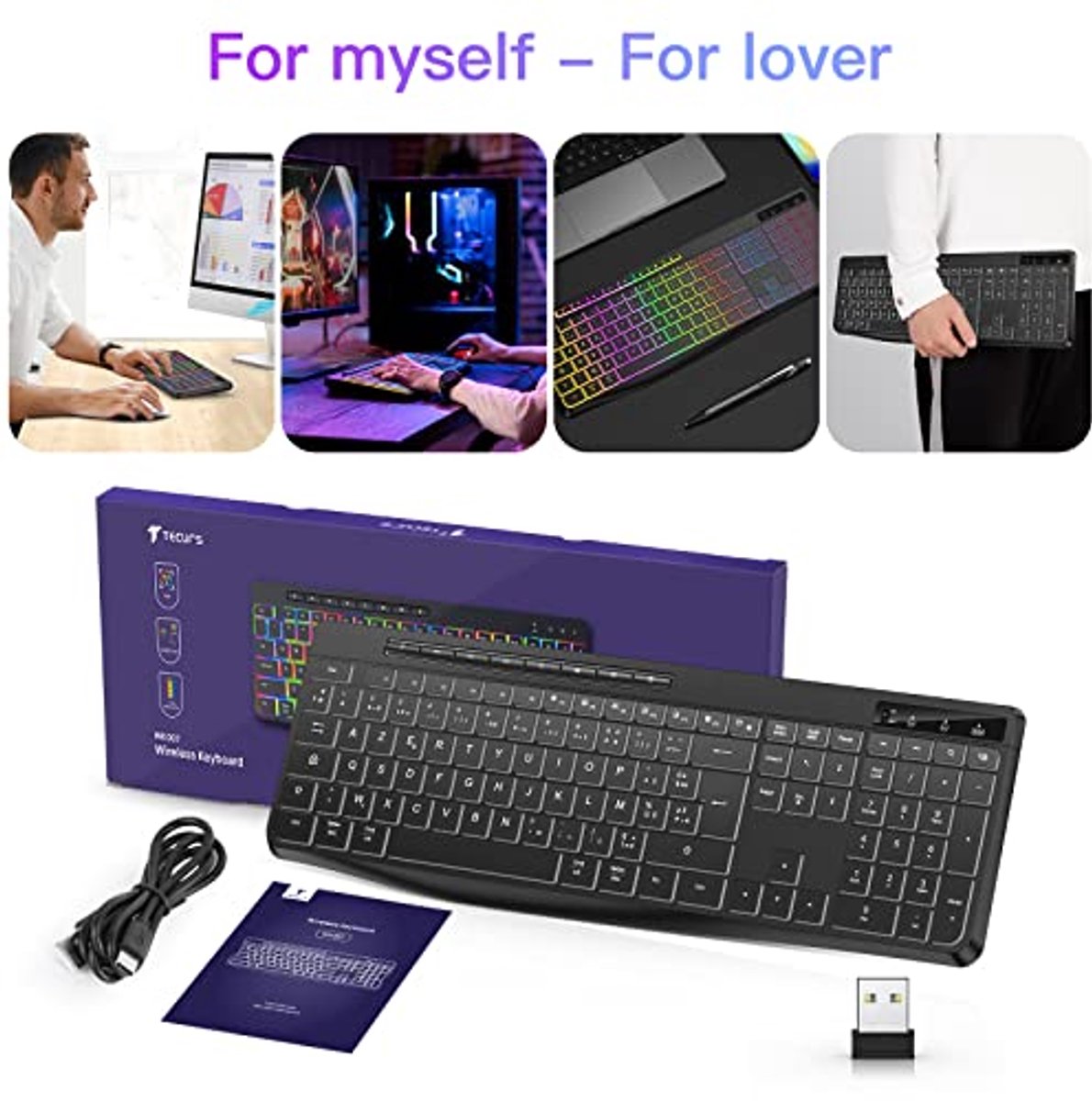 TECURS Draadloos gamingtoetsenbord, stil, AZERTY, achtergrondverlichting, ergonomisch en waterdicht, 2,4 GHz led-toetsenbord voor Windows, Mac, Xbox PC