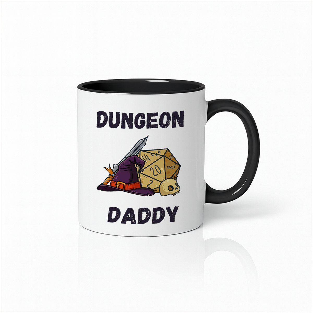 “Dungeon Daddy” Wit-Zwarte Mok – Grappig RPG Gamer Cadeau – 330 ml Dobbelsteen & Tovenaarshoed Koffiebeker