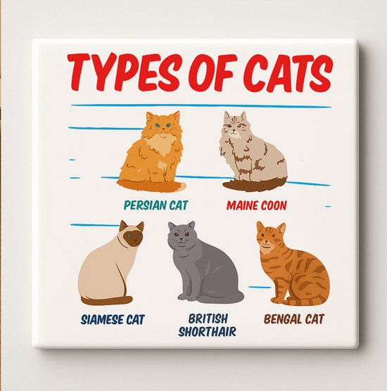 Soorten Katten Keramische Tegel 15x15 cm – Schattige Geïllustreerde Kattenrassen Wanddecoratie – Perfect Cadeau voor Kattenliefhebbers & Interieur