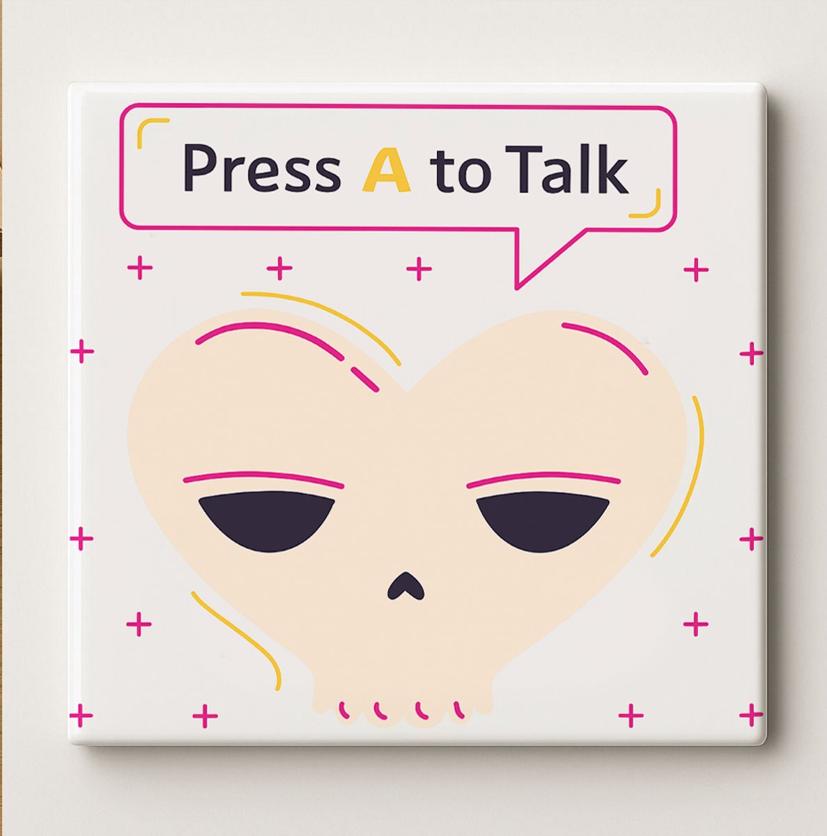 Nevolis Press A to Talk Keramische Tegel 15x15 cm – Grappig Gamer Schedel Ontwerp – Stoere Wanddecoratie & Perfect Cadeau voor Gamers of Streamers Multi Color