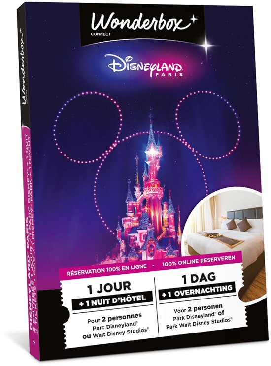 La Wonderbox 'Disneyland Paris - 1 Jour + 1 Nuit d'hôtel' avec le château et une chambre d'hôtel.