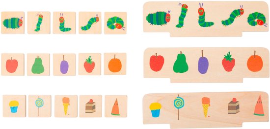 Houten sorteerplaten en losse afbeeldingen van de Rupsje Nooitgenoeg met rupsen, fruit en lekkers.