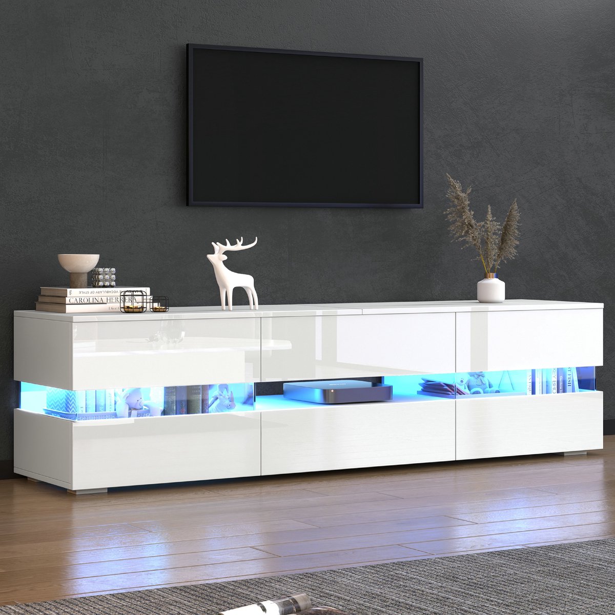 TV-meubel Moderne witte hoogglans tv-kast - 160 x 39 x 45 cm - met ledverlichting, 2 deuren, 1 lade, open vak, geschikt voor 70-inch tv's - met acrylglas inzetstuk en push-to-open design