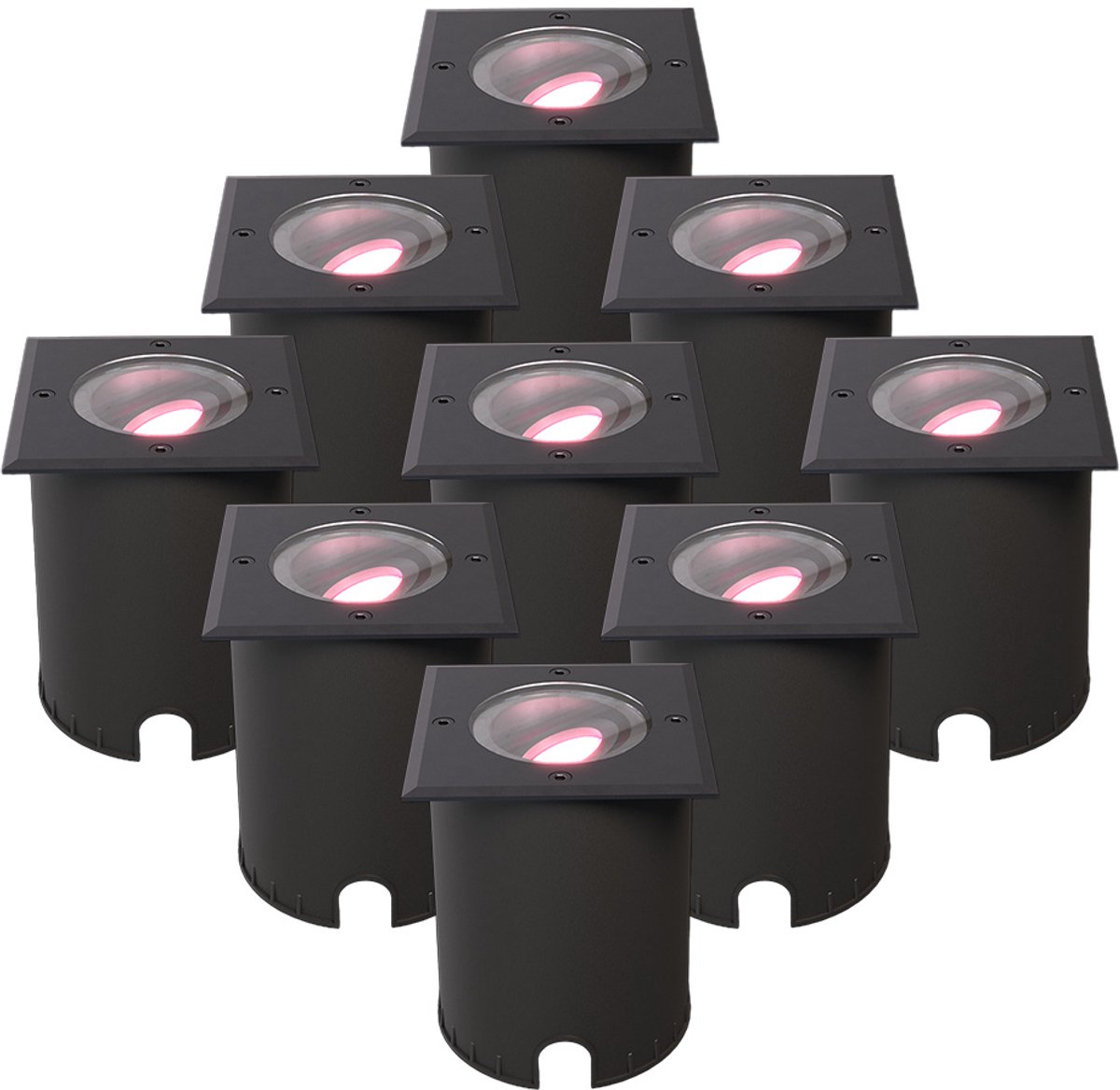 HOFTRONIC - Set van 9 Cody Smart Grondspots XL Zwart - Vierkant - Kantelbaar - RGB + WW - GU10 5,5W 345 Lumen - Bestuurbaar via smartphone en stem - IP67 Waterdicht - WiFi + Bluetooth - Smart Home tuinverlichting