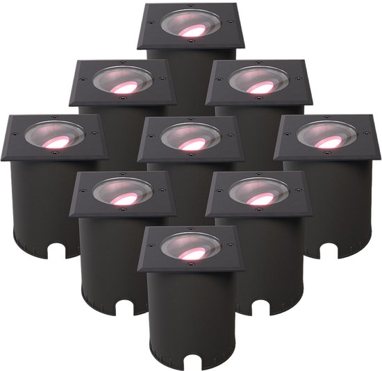 HOFTRONIC SMART HOFTRONIC - Set van 9 Cody Smart Grondspots XL Zwart - Vierkant - Kantelbaar - RGB + WW - GU10 5,5W 345 Lumen - Smart Home tuinverlichting