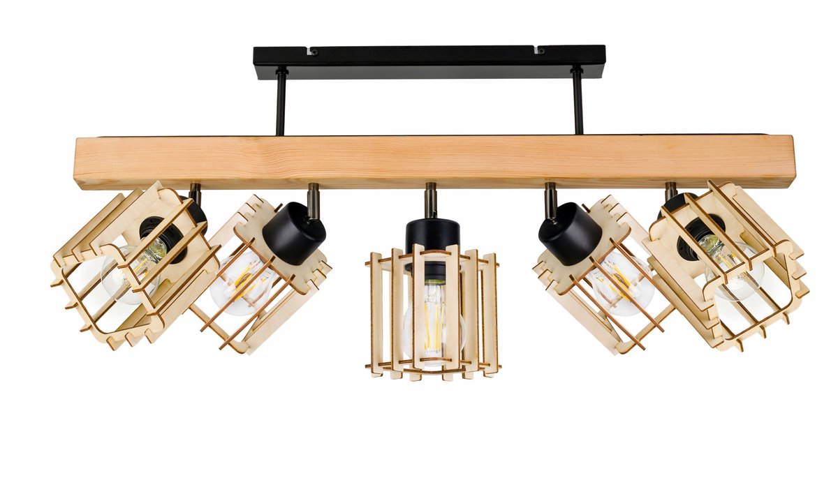 Houten Plafondlamp Zwart met 5xE27 Fittingen - Industriële Stijl