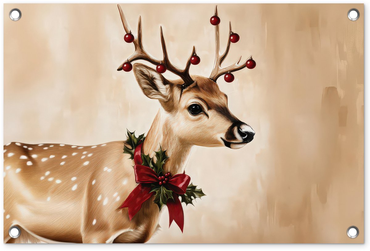 Tuinposter met kerstgewei en rendiermotief in rood voor tuindecoratie.