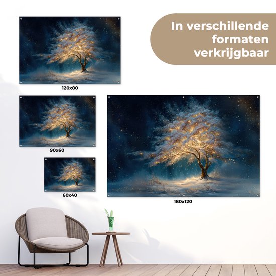 Tuinposter 120x80 cm - Tuindecoratie Levensboom - Nacht - Donker - Blauw - Poster voor in de tuin - Buiten decoratie - Schutting tuinschilderij - Tuindoek muurdecoratie - Wanddecoratie balkondoek
