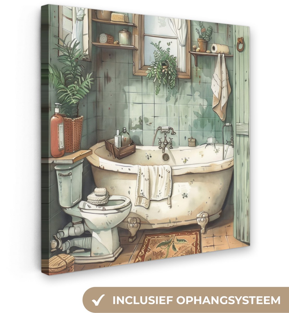 Canvas schilderij 20x20 cm - Wanddecoratie badkamer Vintage - Badkuip - Badkamer - Illustr