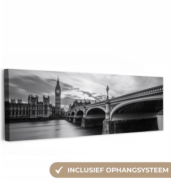 Canvas schilderij 150x50 cm - Wanddecoratie Brug - Architectuur - Engeland - Zwart wit - Muurdecoratie woonkamer - Slaapkamer decoratie - Kamer accessoires - Schilderijen op canvas