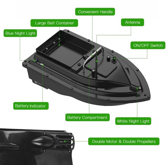 Voerboot - Bait Boat - Visvoerboot - Karper Vissen - Vissen - Met Afstandsbediening - 12000 mAh - Zwart — afbeelding 2