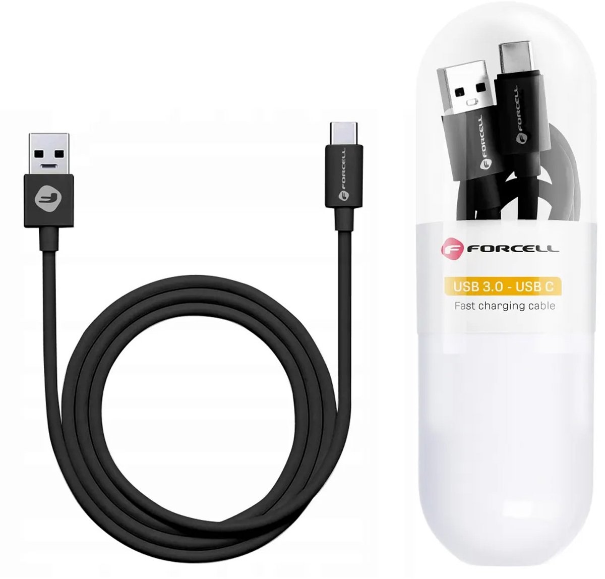 Forcell USB-C Kabel 3A QC3.0 Snel Opladen & Data 1m Zwart