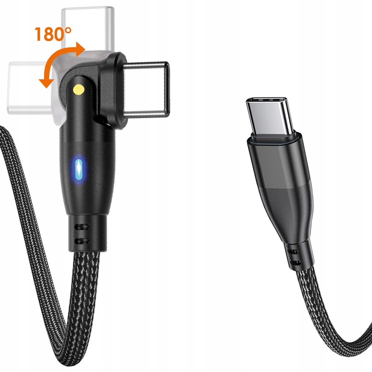 USB-C Hoek Kabel 1m 60W Draaibaar 180° Zwart Nylon