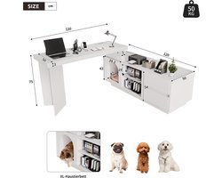 Hoekbureau met geïntegreerd dierenhuis - 120 x 50 cm, MDF, versterkt blad, L-vormig of als geheel, flexibele montage, hoekbureau voor thuiswerk met XL-dierenholte, L-vormig hoekbureau-Wit
