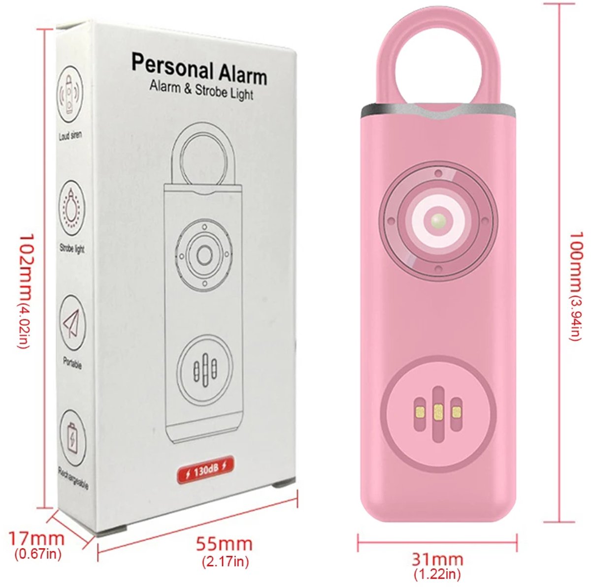 Persoonlijk Alarm met LED Zaklamp – 130dB – Oplaadbaar – Draagbare Veiligheidsalarm Sleutelhanger – Zelfverdediging voor Vrouwen & Kinderen