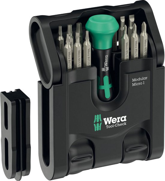 Wera Tool-Check Modular Micro 1 gereedschapsset in zwarte houder. Bevat 12 bits en een groene schroevendraaier. Linksonder een aparte houder.