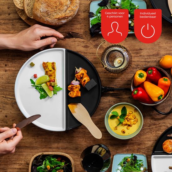 Bovenaanzicht van een gedeelde bakplaat met eten, met iconen voor 4 personen.