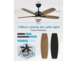 106cm plafondventilator met verlichting en afstandsbediening - Stil en omkeerbaar voor slaapkamer en woonkamer