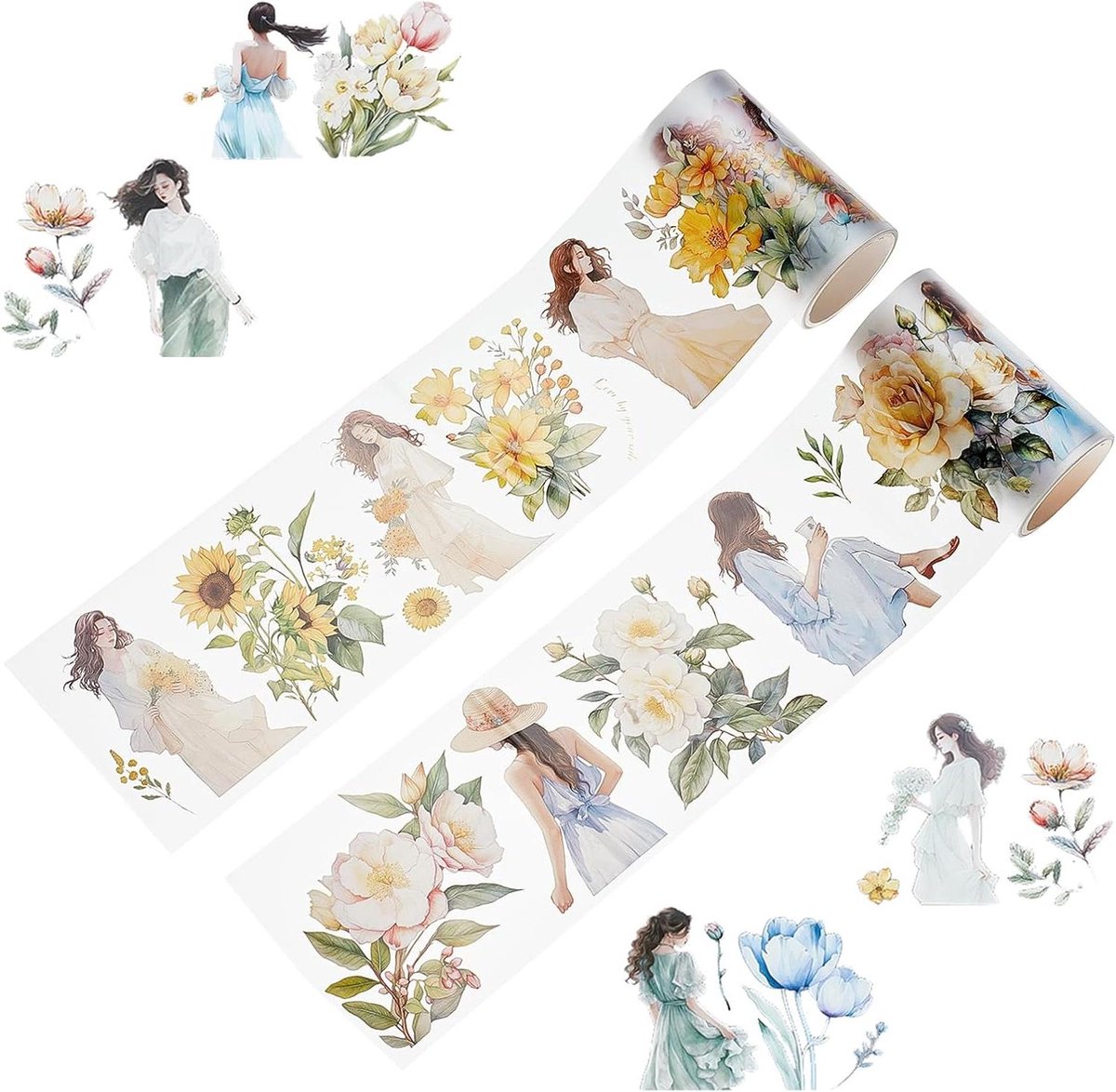 Allecto plus - Washi-banden set met bloemenmotieven voor scrapbooking en decoratie - 2 rollen