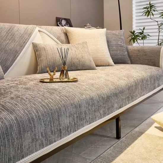 Housse de canapé universelle PromoHome en forme de L - Tissu chenille antidérapant Gris clair