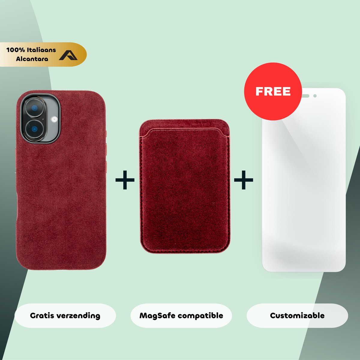 iPhone 16 Plus – Alcantara Case + MagSafe Wallet + Gratis Screenprotector | Ruby Red