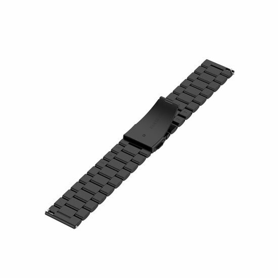 Zwarte stalen schakelband, geschikt voor smartwatches met een 22mm aansluiting. De gesp is zichtbaar.