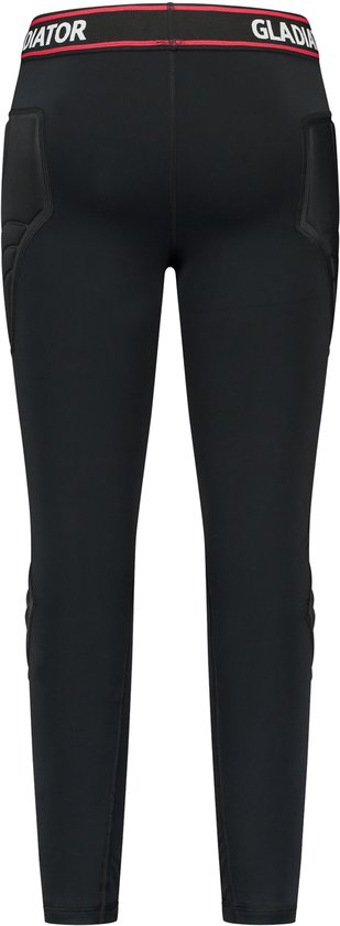 Achterkant van een zwarte sportlegging met padding op heup en knie.