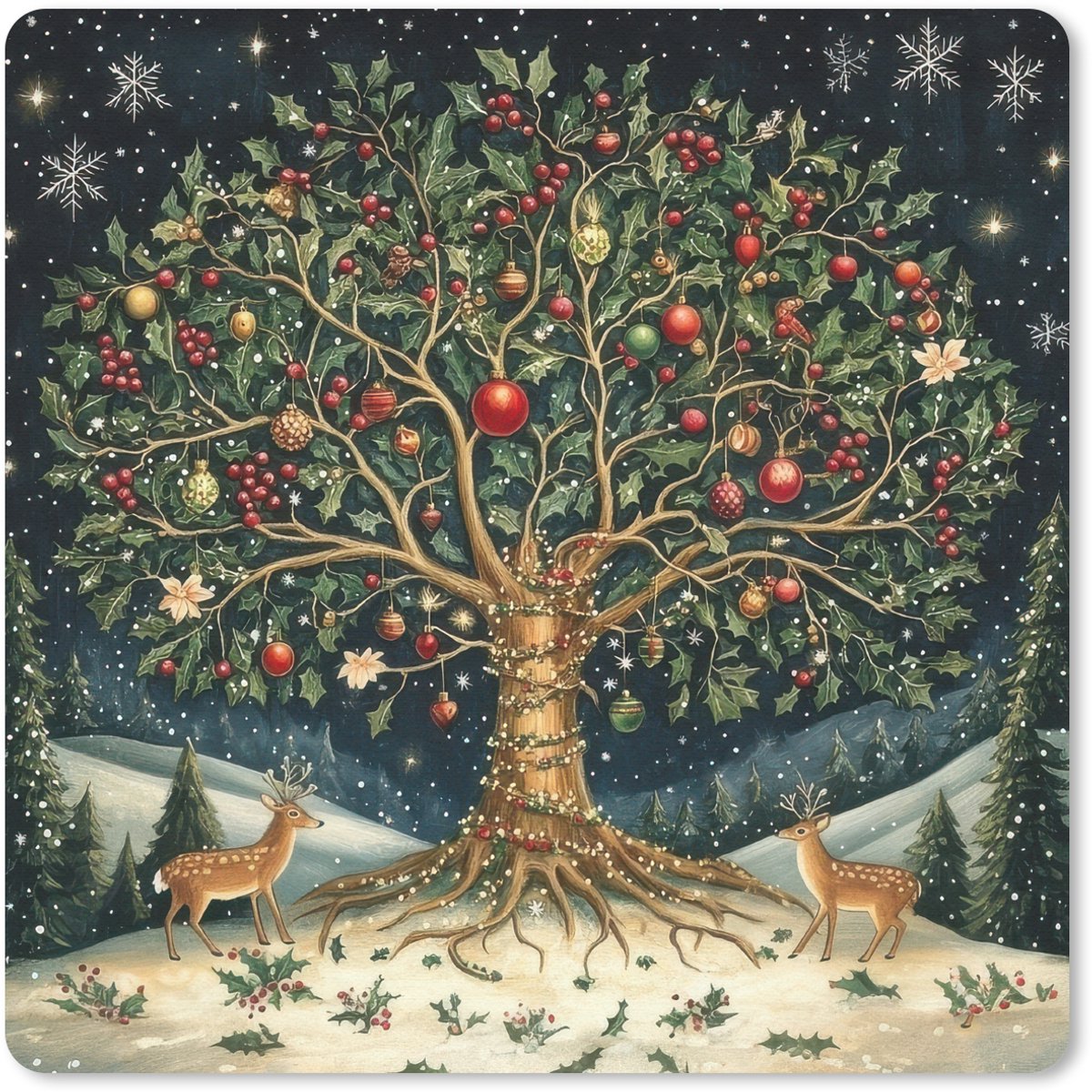 Muismat 30x30 cm - Mousepad Feestboom - Winterhemel - Kleurrijk - Muismatten