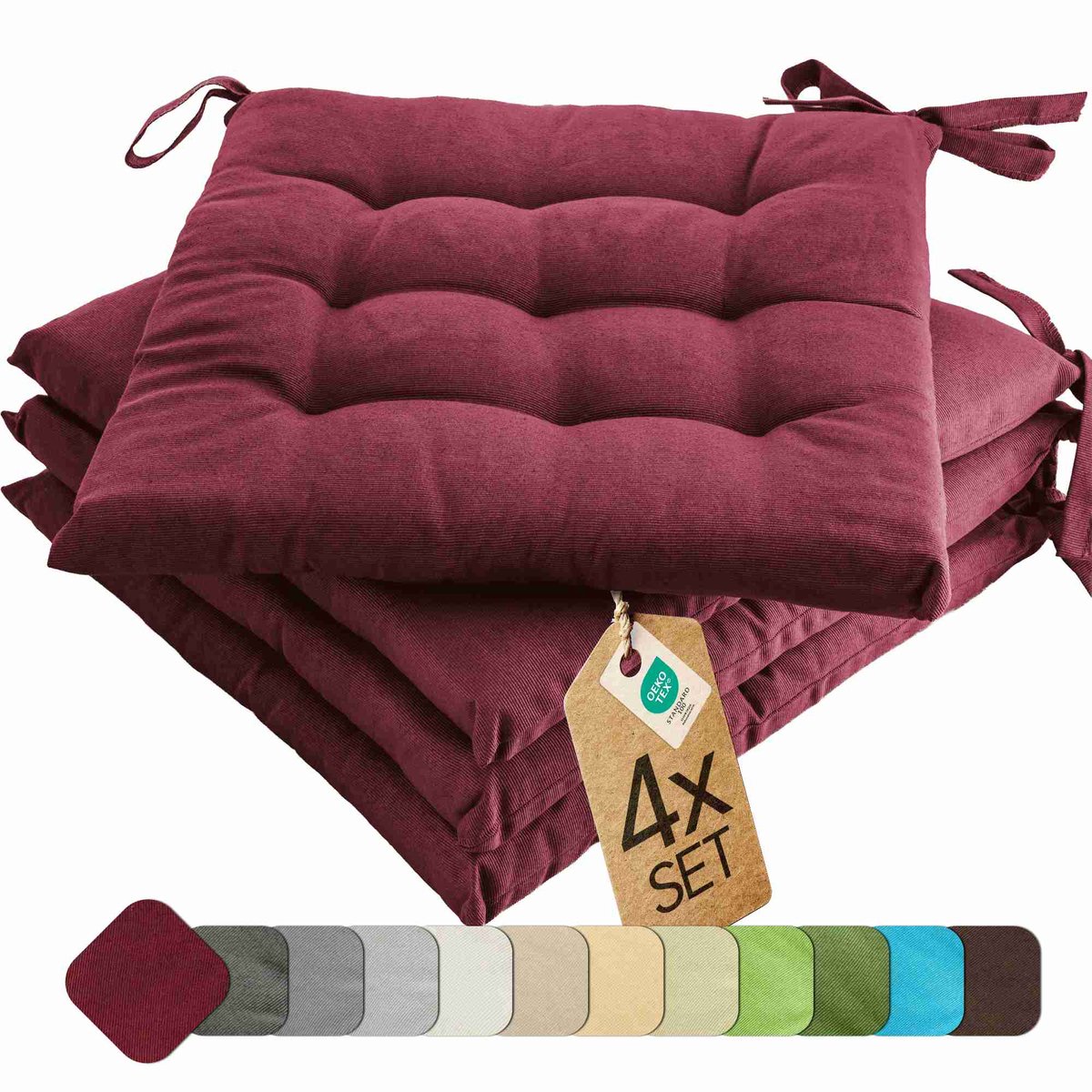 etérea Basic Zitkussen Stoelkussen - Seat Cushion 4 Stuk - 40x40 cm - Bordeaux