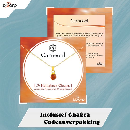 Gouden ketting met oranje steen op kaartje 'Carneool De Heiligbeen Chakra' in cadeauverpakking.