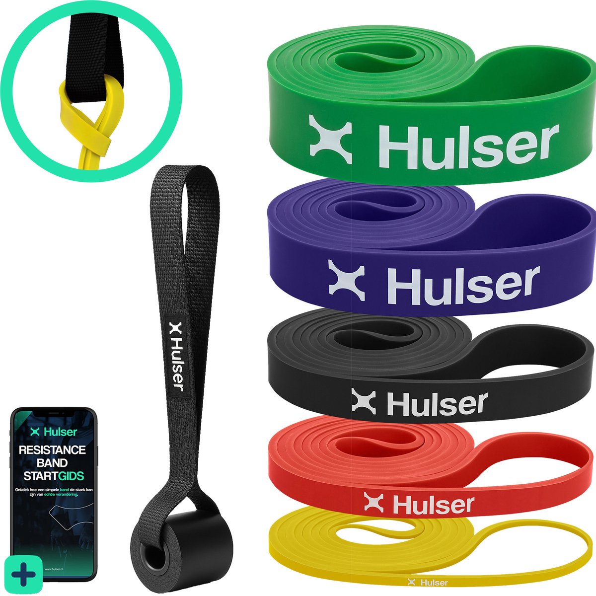 Hulser Resistance band set 6-delig - Met Deuranker - 2 tot 55 kg - 104 / 208 cm - Met digitale startgids - Weerstandsband voor pull up - Fitness weerstandband - Stretch elastiek - Bands - Power band weerstandselastiek