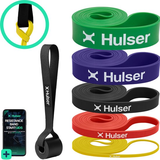 Hulser Resistance band set 6-delig - Met Deuranker - 2 tot 55 kg - 104 / 208 cm - Met digitale startgids - Weerstandsband voor pull up - Fitness weerstandband - Stretch elastiek - Bands - Power band weerstandselastiek