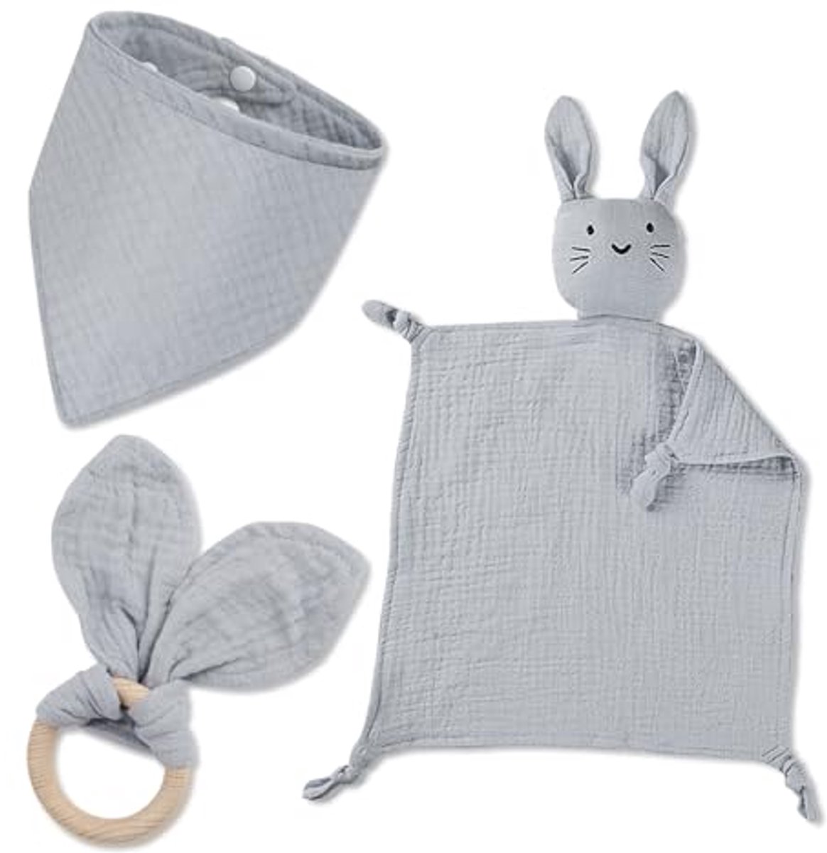 Cadeauset voor pasgeborenen - 3 delige babygeschenken met knuffeldoek, bijtring en slabbetje
