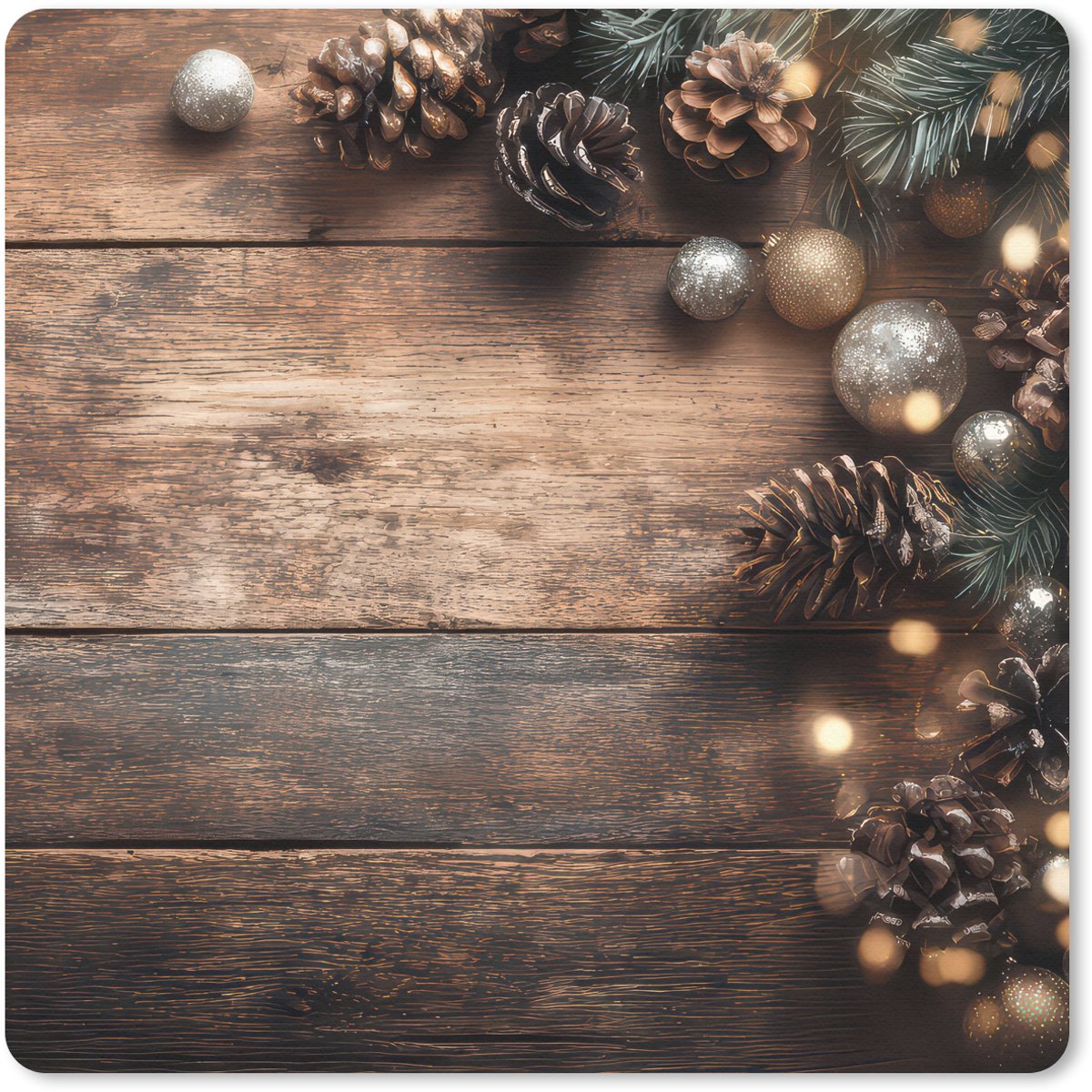 Muismat 20x20 cm - Mousepad Kersthoekdecoratie - Dennenappels - Lichtjes - Muismatten