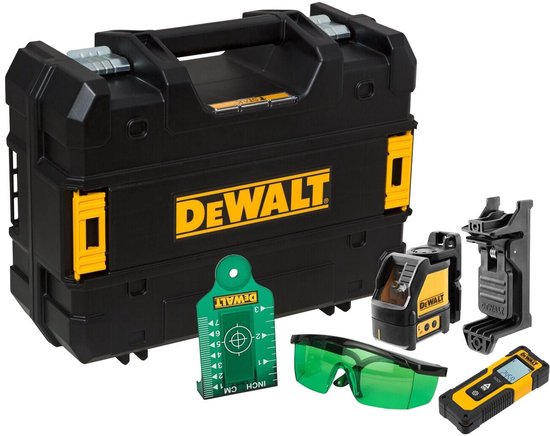 DeWalt kruislijnlaser set met koffer, groene laserbril, afstandsmeter, richtplaat en bevestiging.