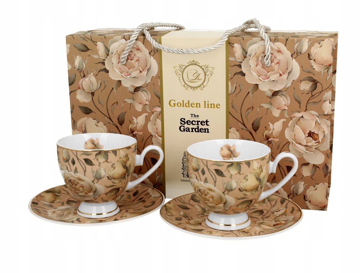 Set van 2 English Roses Cream kopjes met schotels, gouden lijn