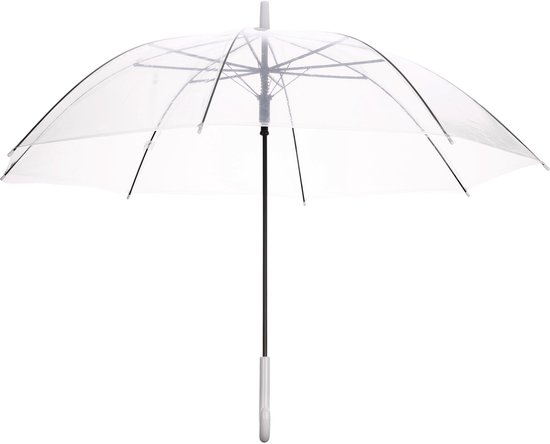 Een geopende doorzichtige paraplu met een zwarte steel en een witte greep.