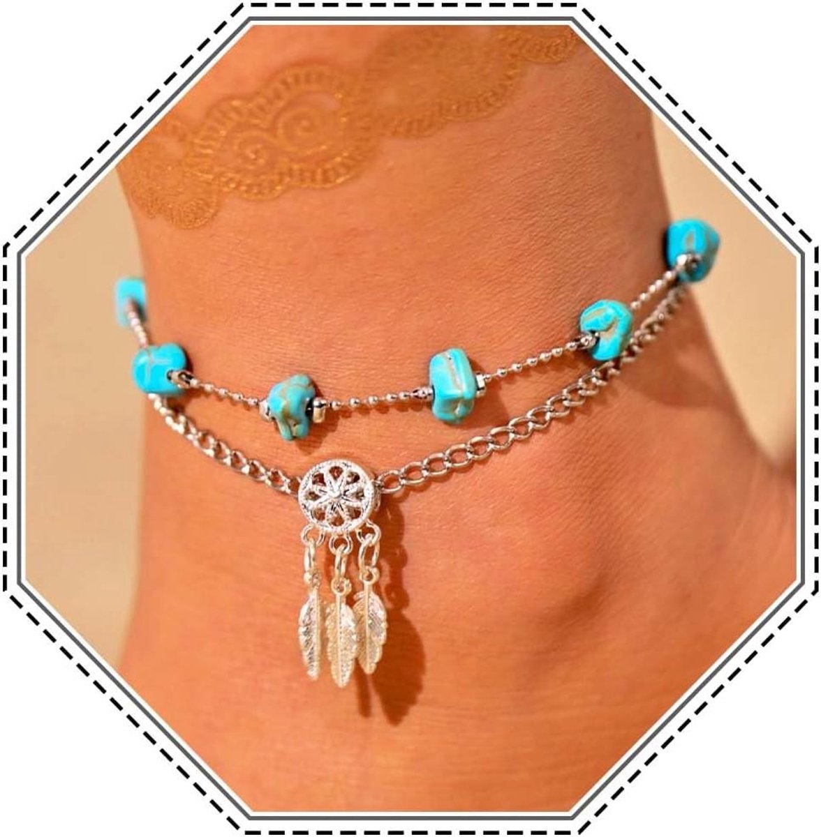 JHubers Goods - Enkelbandje met boho design in turquoise en zilver, verstelbaar, perfect voor strand, dromenvanger stijl