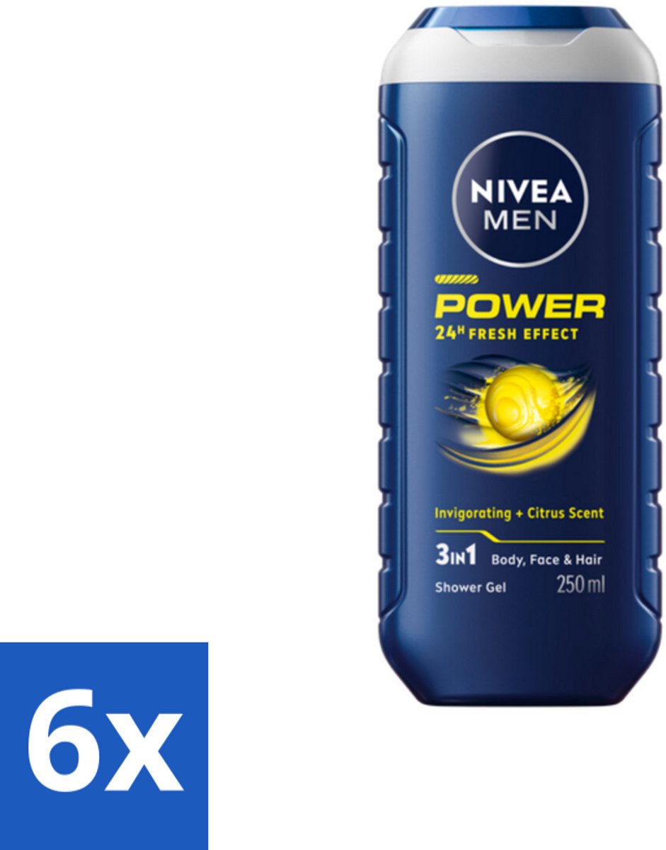 6 x NIVEA Men Douchegel Power Refresh 250 ml - Douchegel - 3-in-1 - Man - Energie - Verfrissend