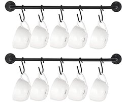 Mokhouder Wandmontage Koffiekop Rack Hanger Modern Metalen Wandrek met 10 Mokhaken Rustiek Gebruiksvoorwerp Theekopjes Opslag Organizer voor Keuken Eetkamer Koffiebar, Set van 2, Zwart