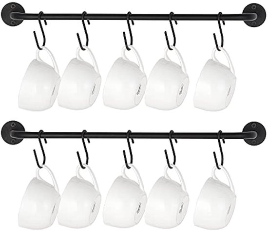 Mokhouder Wandmontage Koffiekop Rack Hanger Modern Metalen Wandrek met 10 Mokhaken Rustiek Gebruiksvoorwerp Theekopjes Opslag Organizer voor Keuken Eetkamer Koffiebar, Set van 2, Zwart