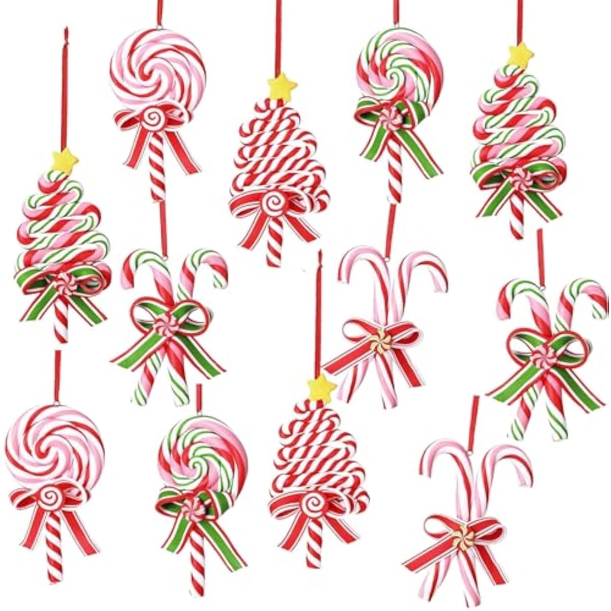Kleurrijke kerstsuikerstokken van 12 cm lang, ideaal voor boomversiering en kerstdecoratie.