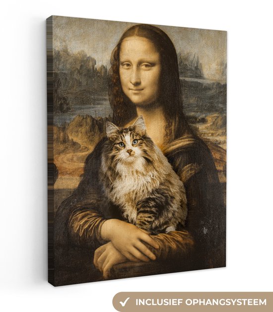 Canvas schilderij 30x40 cm - Wanddecoratie Mona Lisa - Kat - Leonardo da Vinci - Vintage - Kunstwerk - Oude meesters - Schilderij - Muurdecoratie woonkamer - Slaapkamer decoratie - Kamer accessoires - Schilderijen op canvas