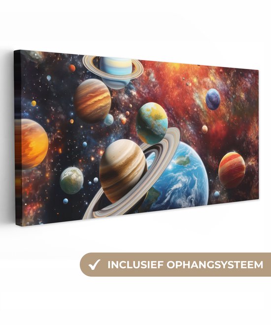 Canvas schilderij 40x20 cm - Wanddecoratie Planeten - Heelal - Neon - Ruimte - Muurdecoratie game room - Gaming kamer decoratie - Gameroom accessoires - Schilderijen