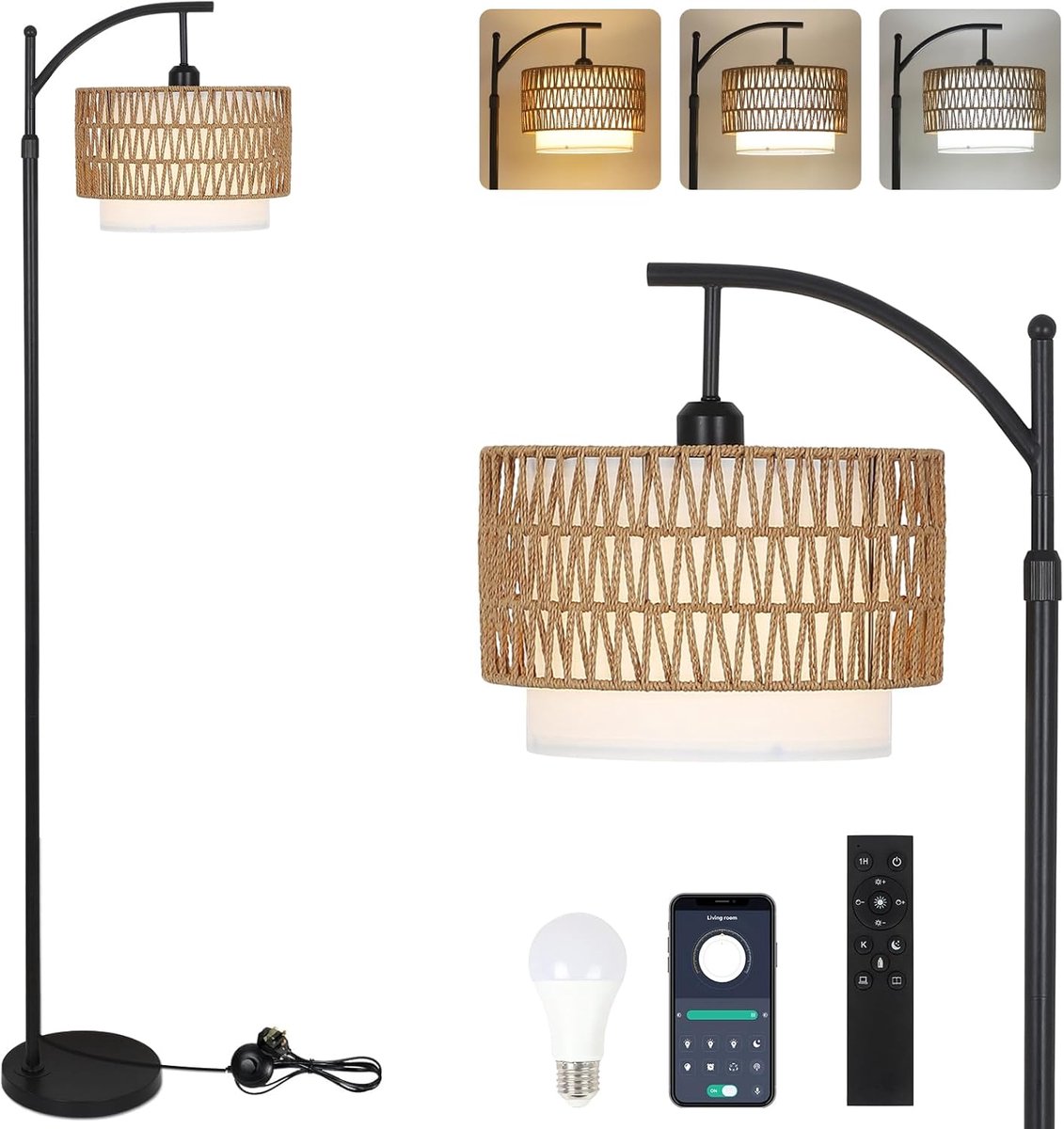 Dimbare Vloerlamp met Afstandsbediening en APP Bediening voor Woonkamer en Slaapkamer - Boho Rotan & Linnen Design