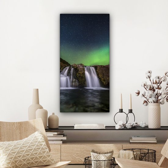 Tableau sur Toile Aurores Boréales - Cascade - Islande - 40x80 cm - Décoration murale