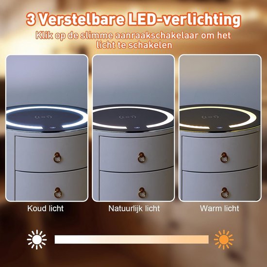 LEMROE Rond nachtkastje met verstelbaar LED-licht en draadloos oplaadstation in glas, Smart nachtkastje met 3 laden, Bijzettafel slaapkamer (2, Grijs