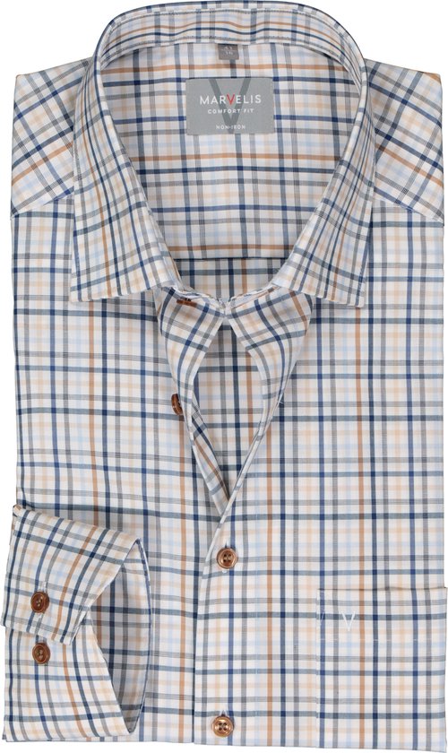 MARVELIS comfort fit overhemd - popeline - wit met blauw en beige geruit - Strijkvrij - Boordmaat: