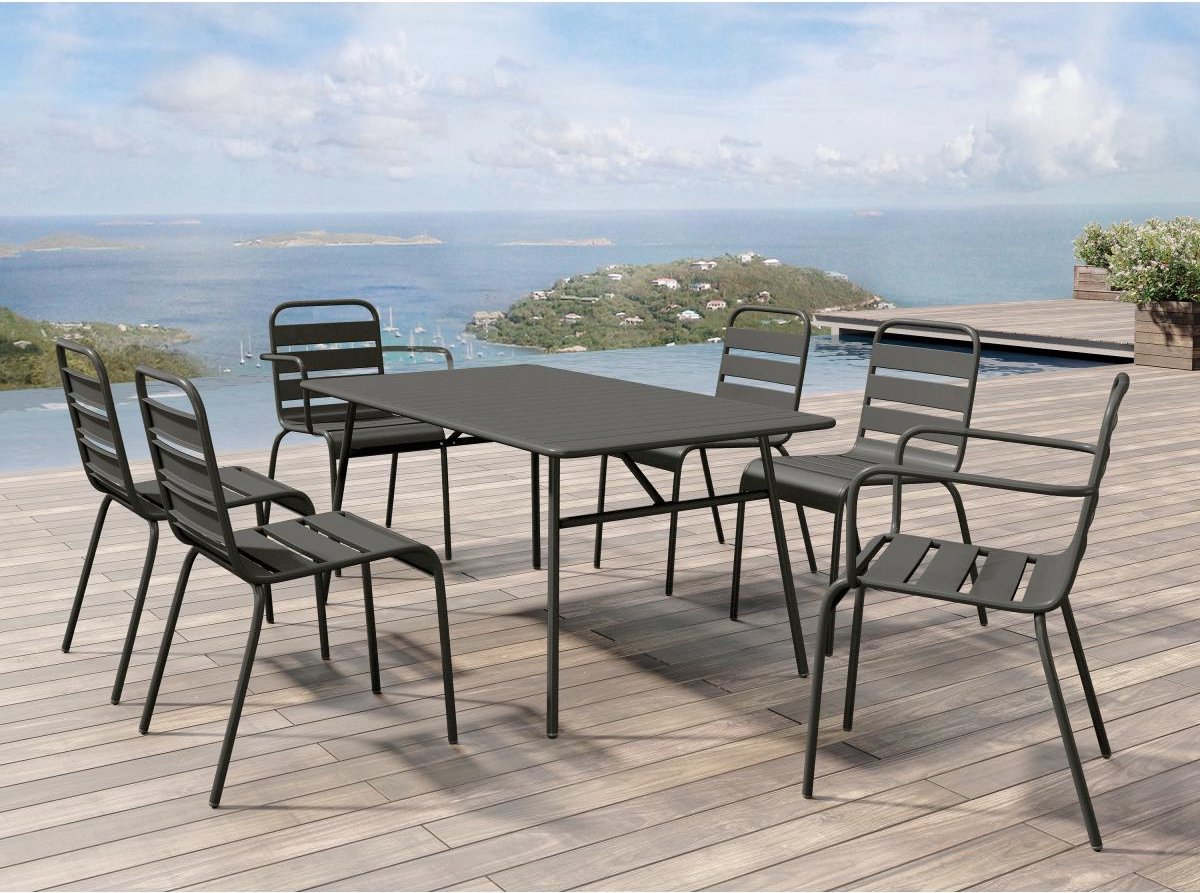 MYLIA Tuineethoek van metaal - Een tafel D160 cm met 2 opstapelbare fauteuils en 4 opstapelbare stoelen - Donkergrijs - MIRMANDE L 160 cm x H 79 cm x D 80 cm